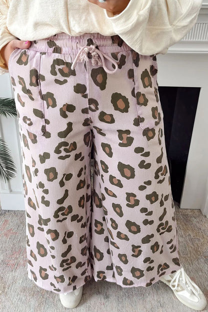 Purple Plus Size Leopard Print Drawstring Wide Leg Pants