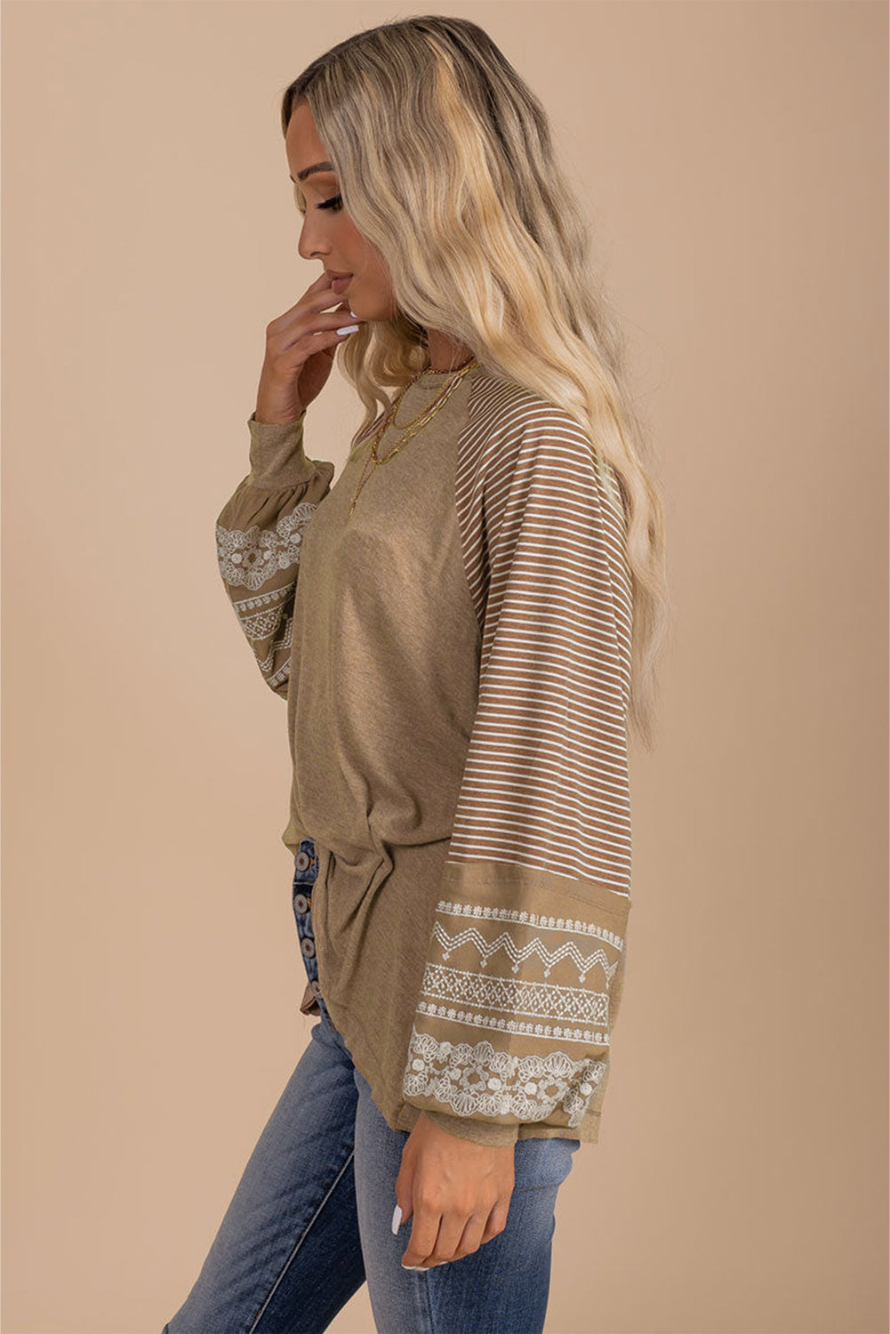 Brown Contrast Print Striped Raglan Long Sleeve Loose Top