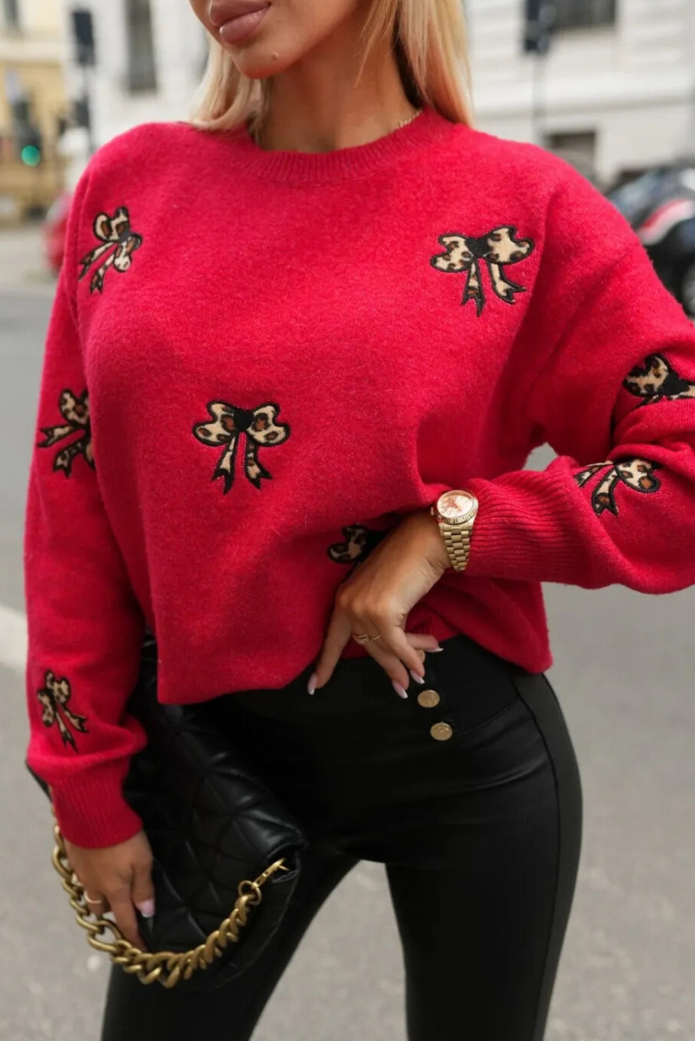 Racing Red Leopard Bow Embroidered Drop Shoulder Sweater