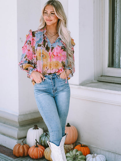 Floral Delight Pink Ruffle Tiered Puff Sleeve Blouse