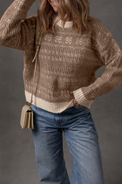 Dark Brown Geometric Knit Color Contrast Drop Sleeve Sweater