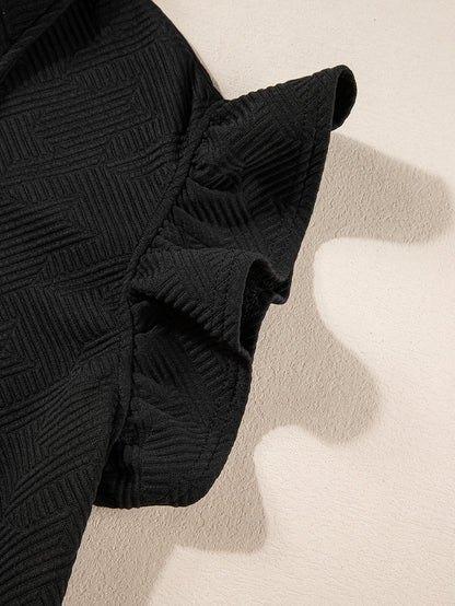 Chic Black Ruffle Sleeve Quarter Zip Top with Wide Leg Pants Set