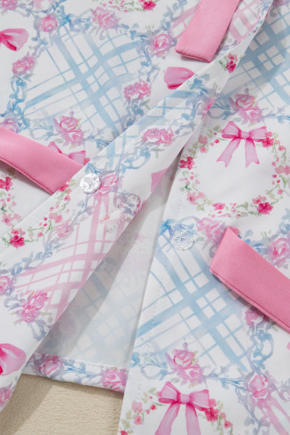 Pink Bow Wreath Pattern Christmas Holiday Tied Front Long Sleeve 2pcs Pajama Set