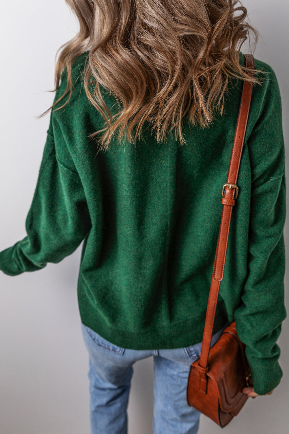 Blackish Green Plain Drop Sleeve Crew Neck Loose Sweater