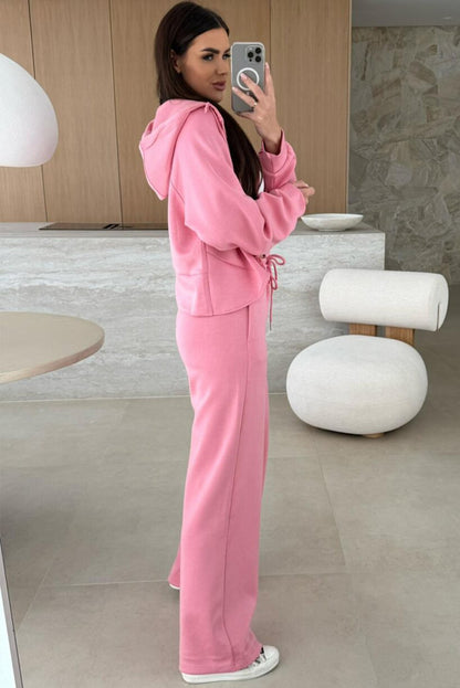 Pink Solid Color Zip Up Hoodie Drawstring Loose Pants Set