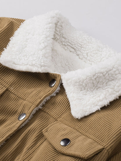 Khaki Corduroy Snap Button Sherpa Lined Jacket