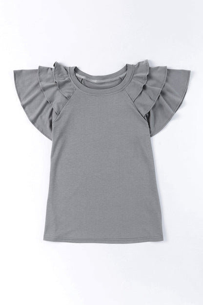 Gray Ruffle Sleeve Casual T-Shirt with Tiered Design