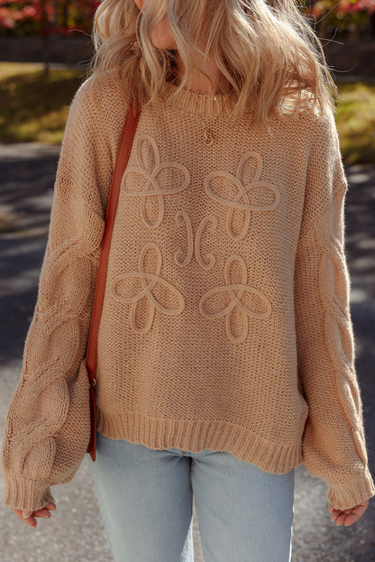Camel Flower Crochet Cable Knit Drop Sleeve Sweater