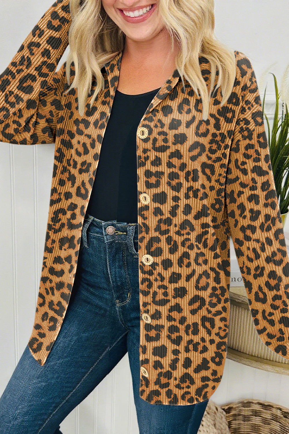 Brown Drop Shoulder Ribbed Texture Button Down Shacket