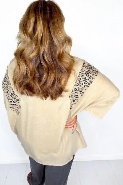 Khaki Leopard Patchwork Big Star Accent Plus Size Baggy Pullover