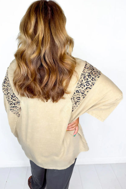 Khaki Leopard Patchwork Big Star Accent Plus Size Baggy Pullover