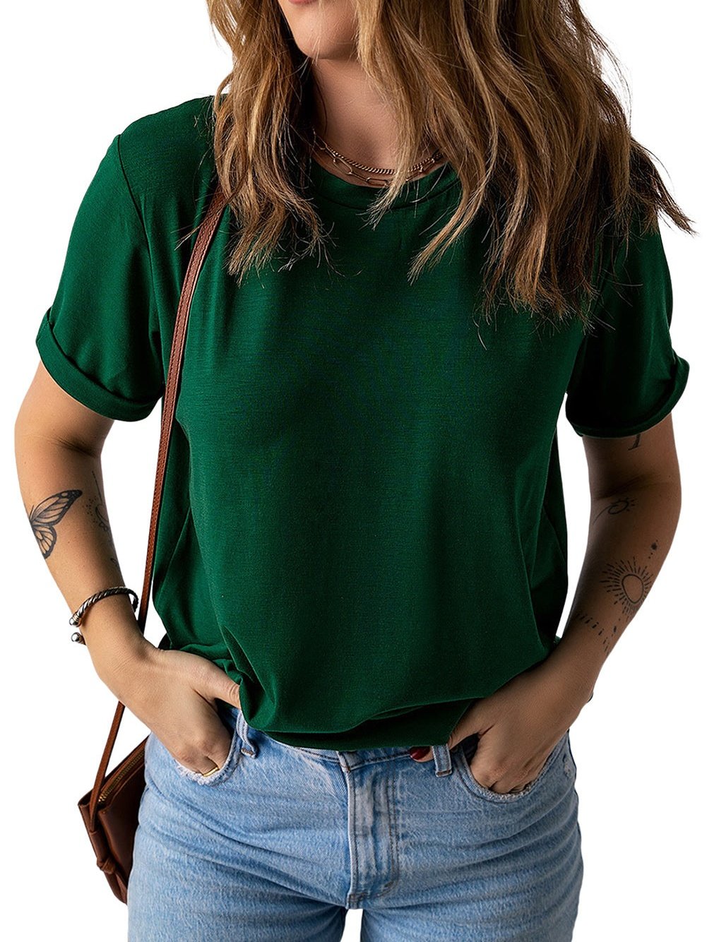 Green Casual Crew Neck T-Shirt for Women