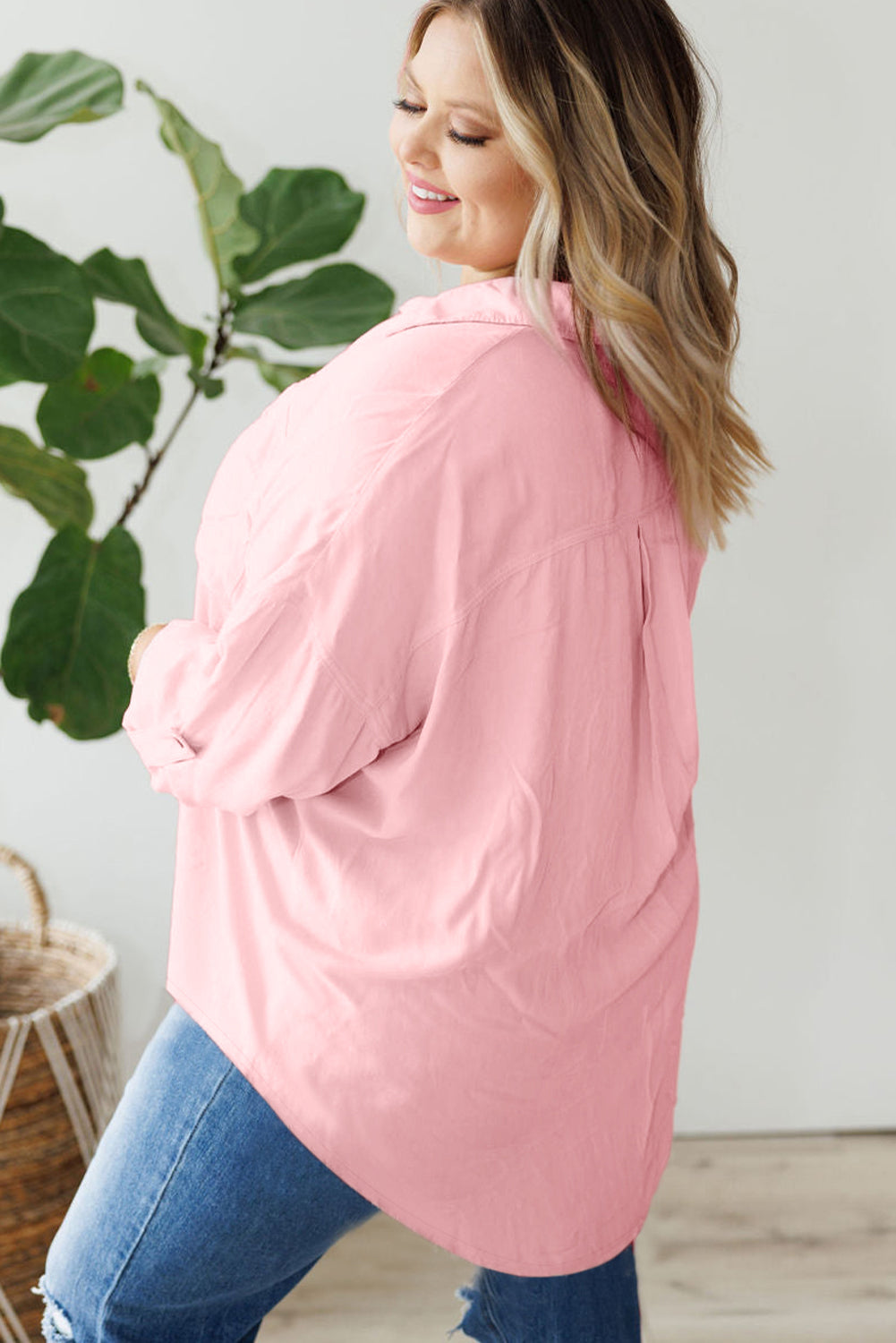 Rose Pink Roll-Tab Sleeve Plus Size Button-Up Shirt