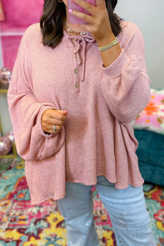 Gossamer Pink Waffle Textured Bubble Sleeve Plus Size Hooded Jumper