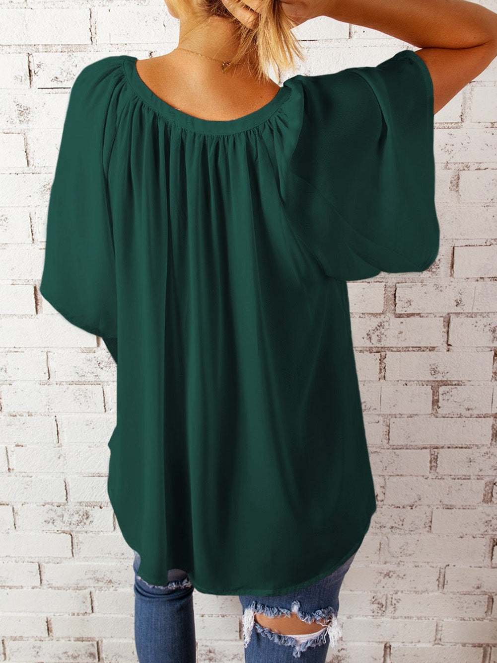 Green Split V-Neck Pleated Flutter Sleeve Blouse