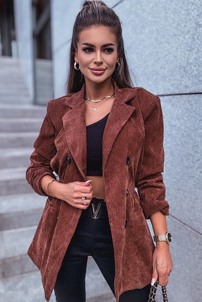 Coffee Corduroy Double Breasted Smocked Waist Blazer