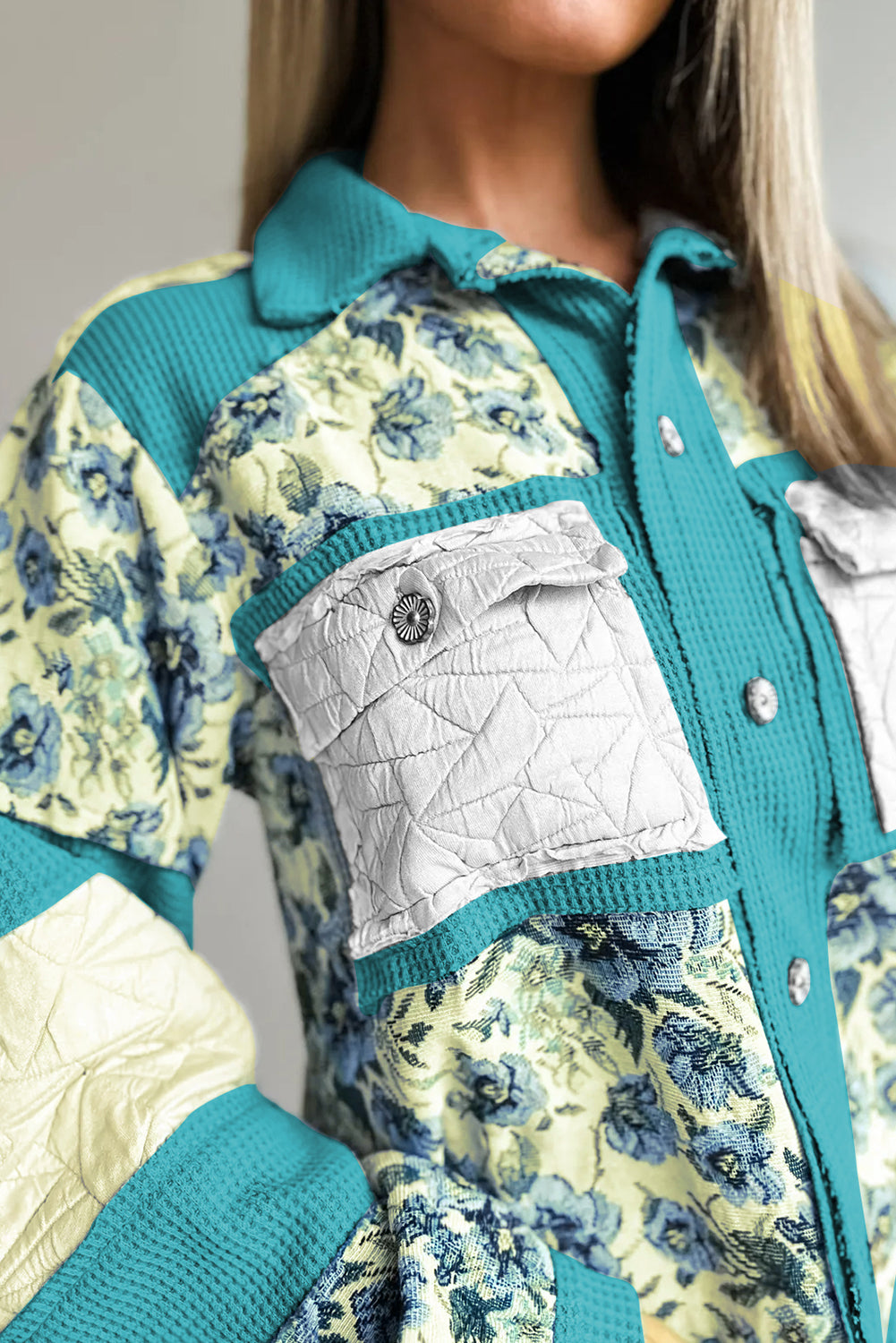 Sky Blue Waffle Floral Mix Texture Color Block Patchwork Loose Shacket