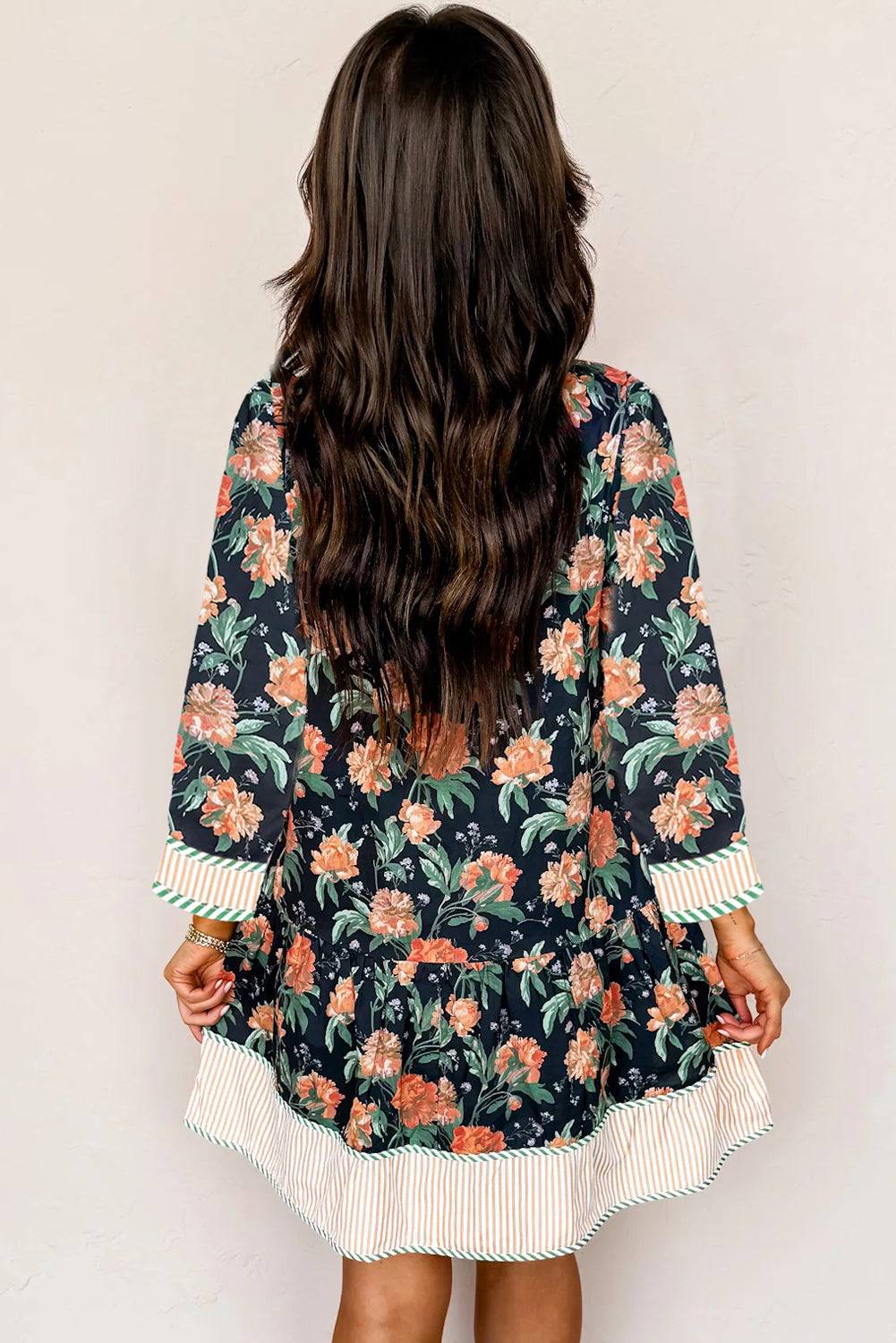 Blue Floral Print Striped Trim V Neck Long Sleeve Ruffle Hem Shift Mini Dress