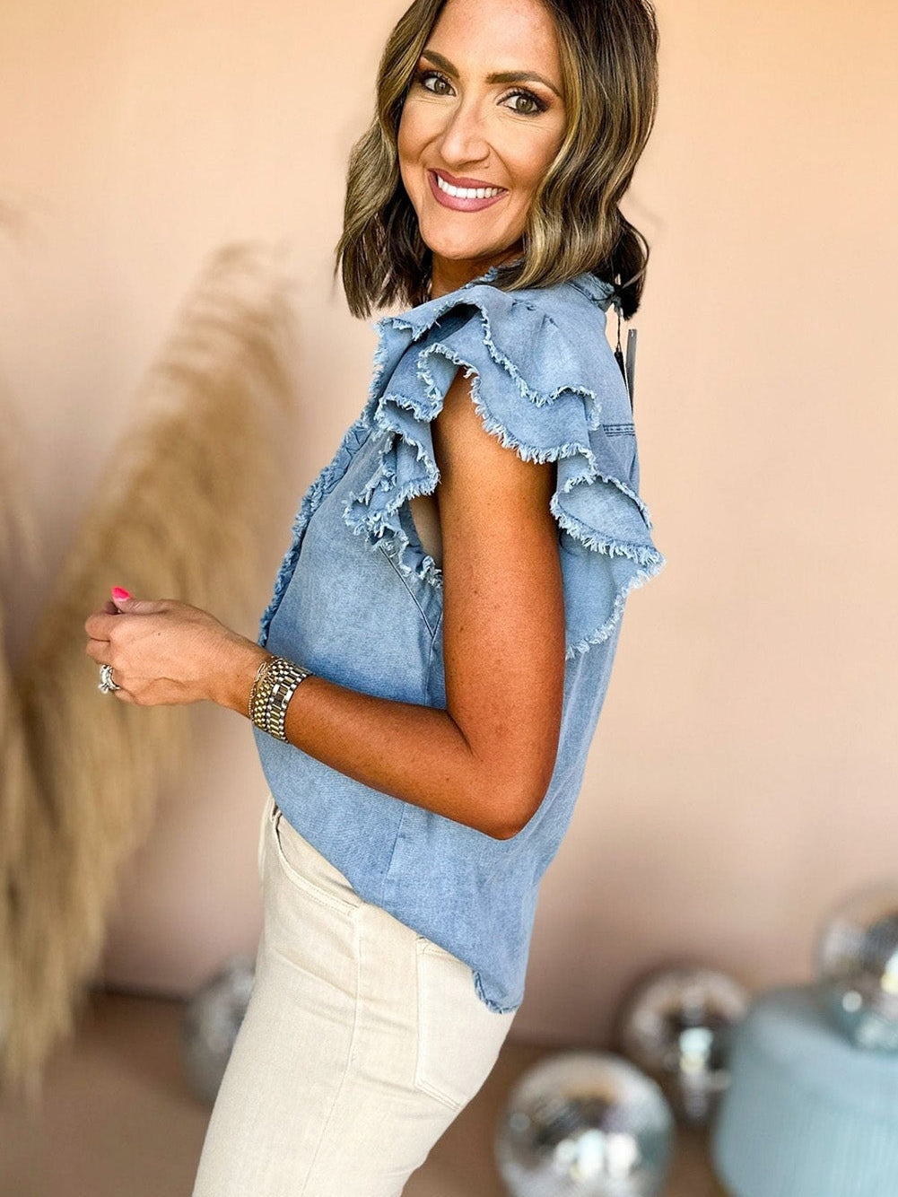 Dusk Blue Plus Size Ruffled Sleeve Button Up Frayed Denim Top