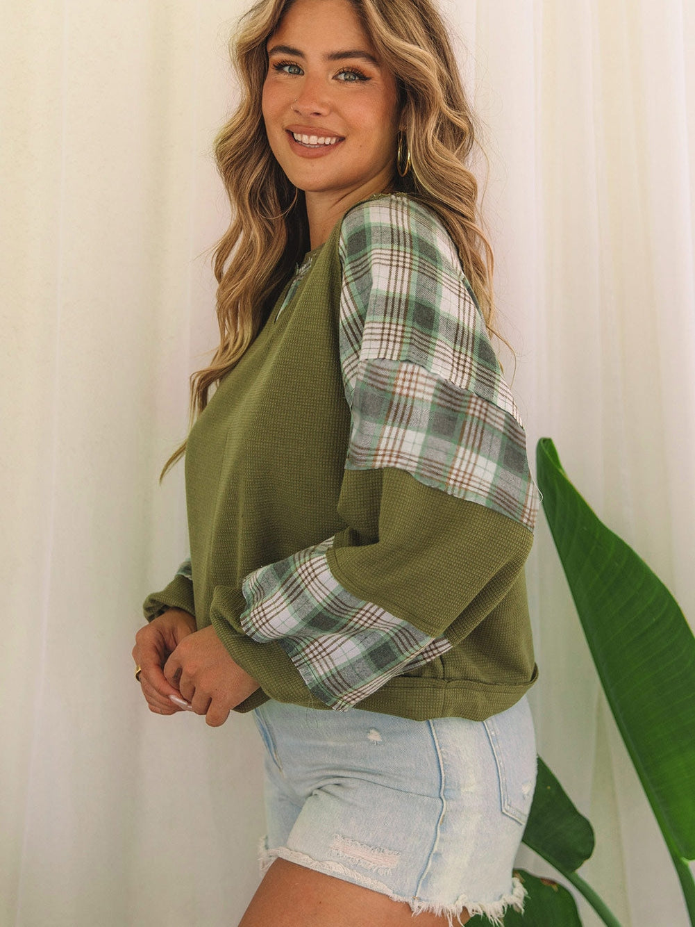 Green Plaid Bubble Sleeve Waffle Knit Patchwork Top