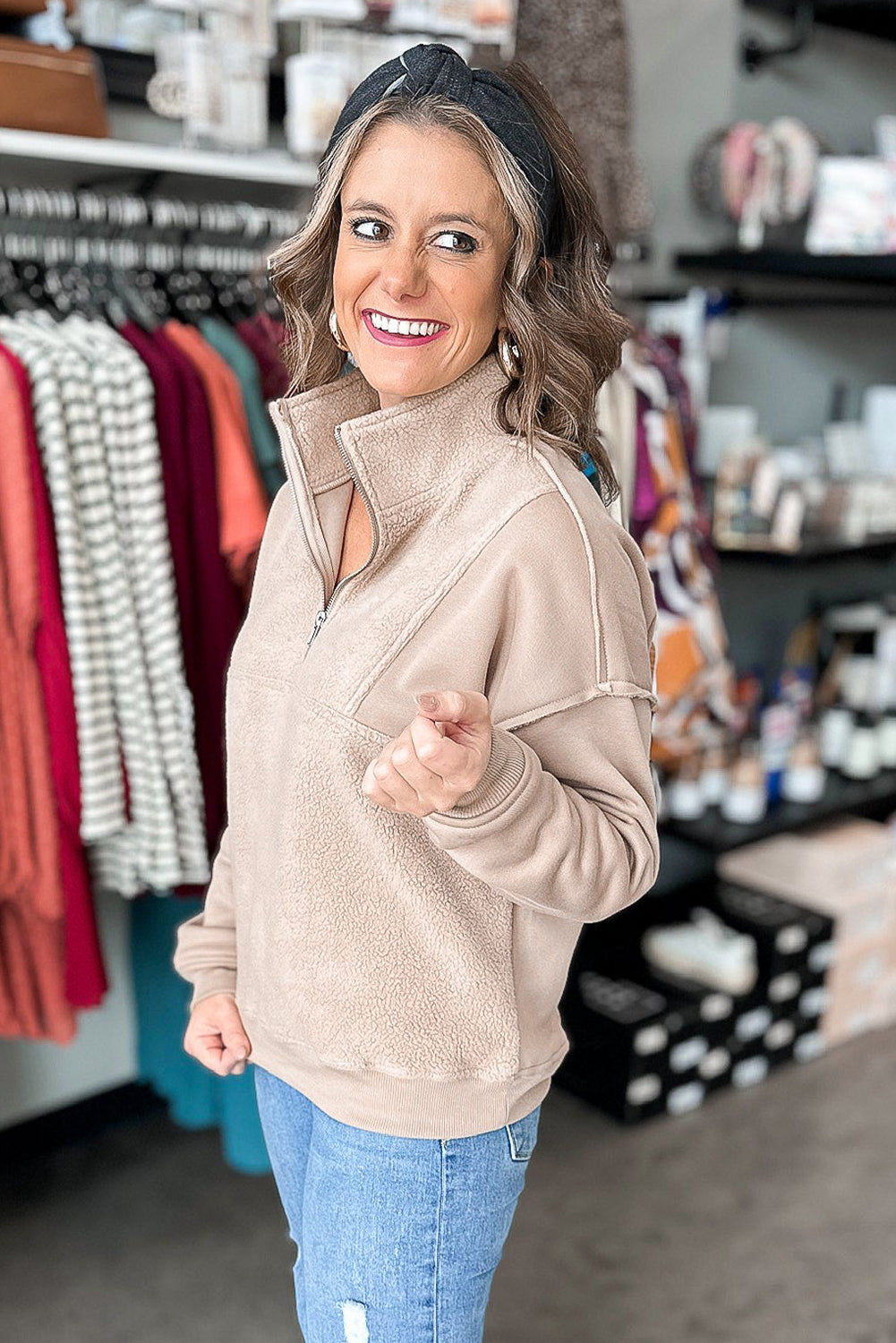 Jet Stream Solid Color Sherpa Patchwork Quarter Zip Pullover Sweatshirt