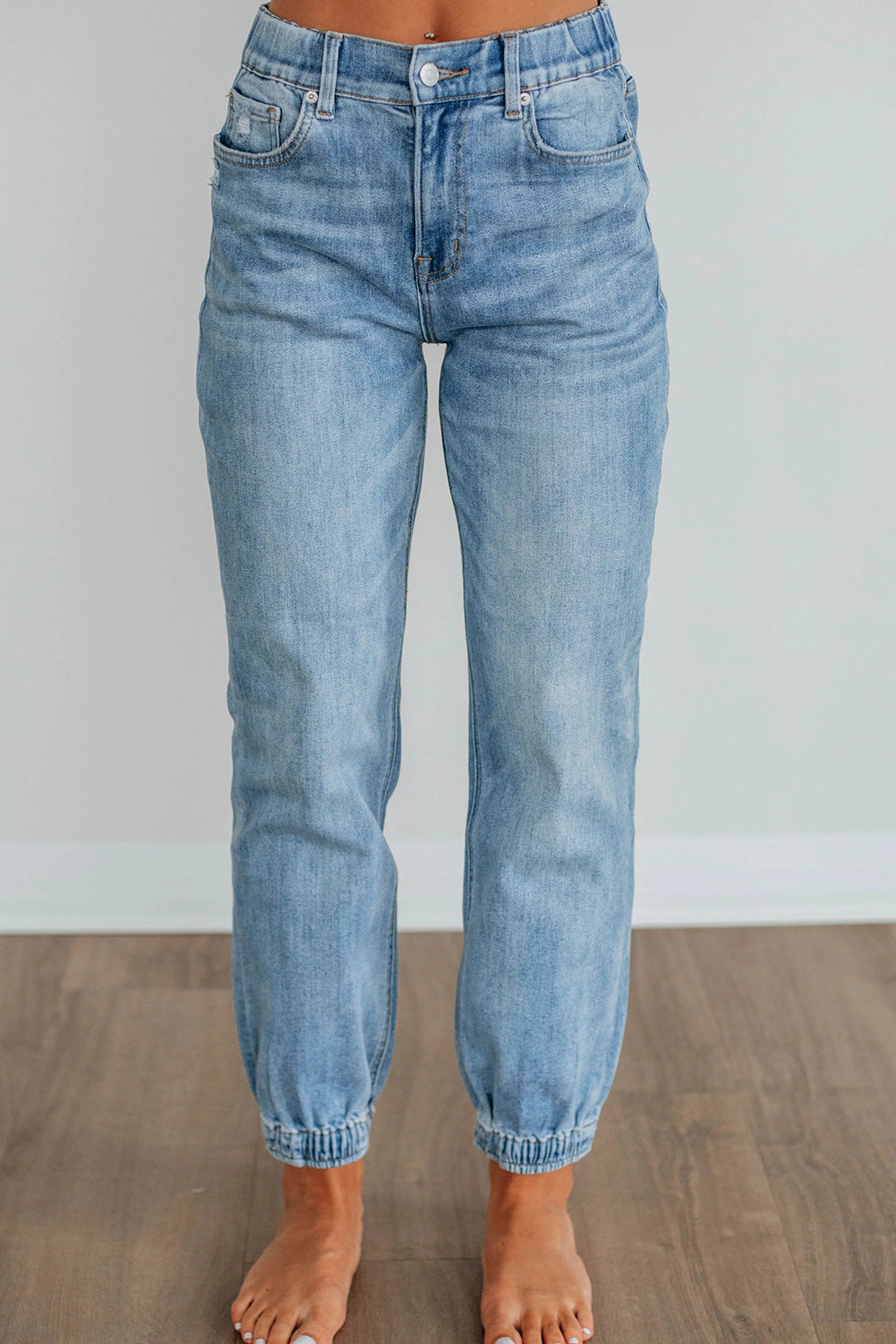 Beau Blue Button Zip Fly Elastic Waist Cuffed Casual Jeans