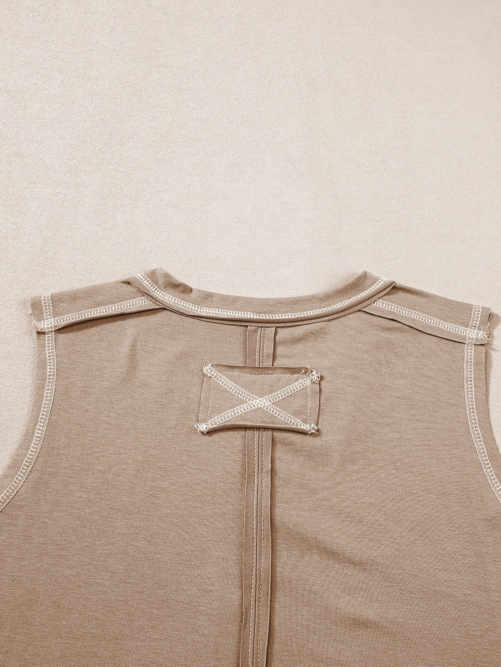 French Beige Henley Tank Top with Chic Contrast Stitching