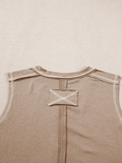 French Beige Henley Tank Top with Chic Contrast Stitching