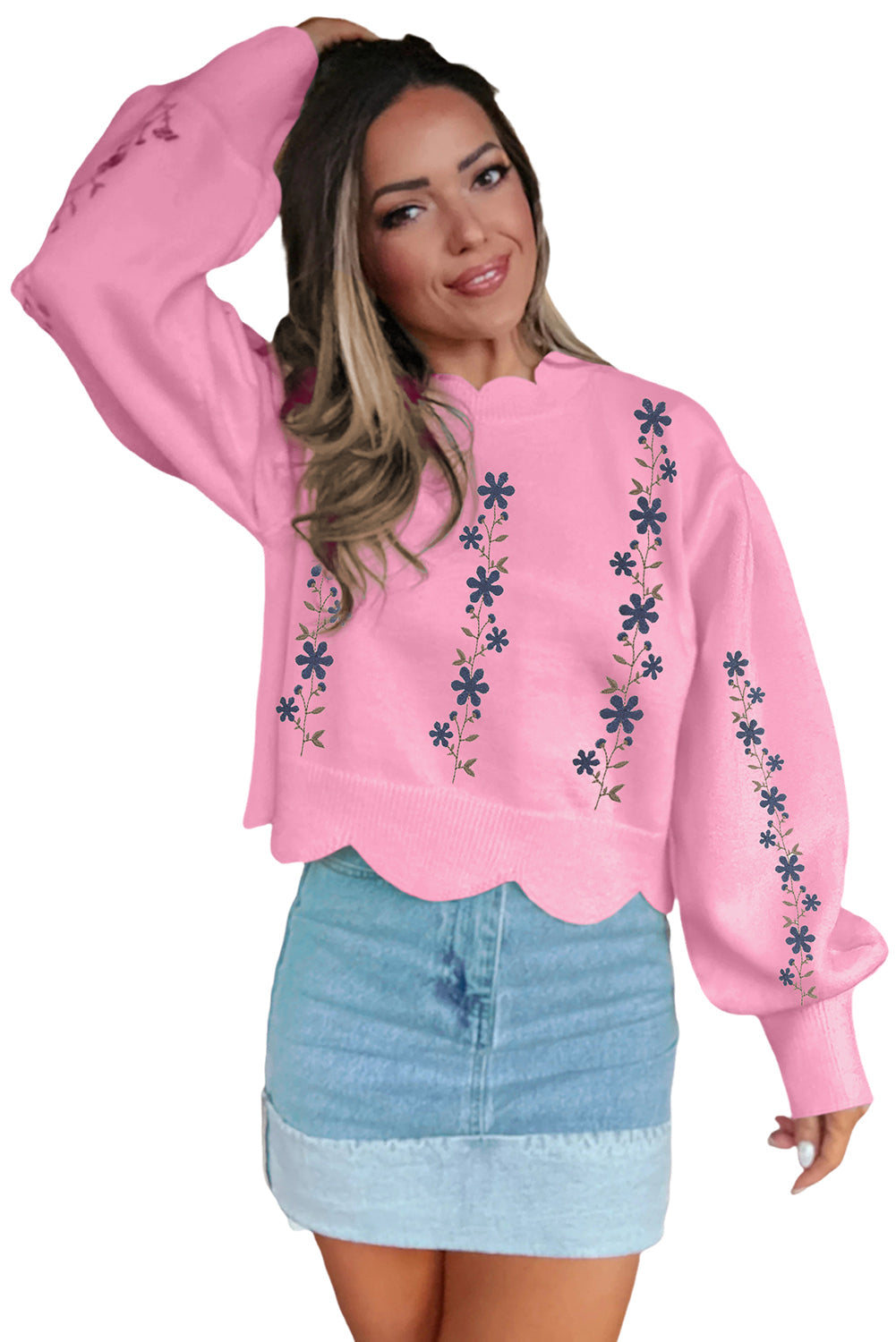 Pink Floral Embroidered Scallop Hem Cropped Sweater