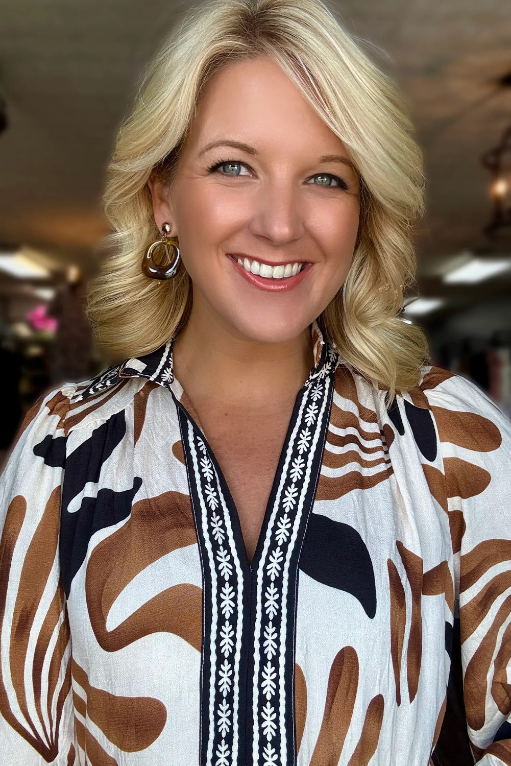 Brown Tropical Printed Contrast Trim Neck Long Sleeve Ruffle Hem Dress