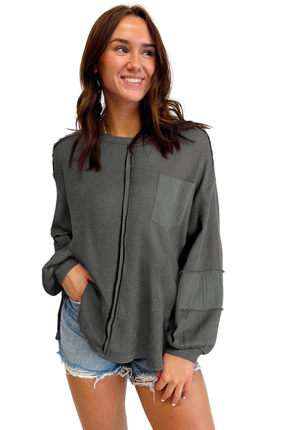 Gray Crinkled Texture Patchwork Waffle Knit Top with Bubble Sleeves