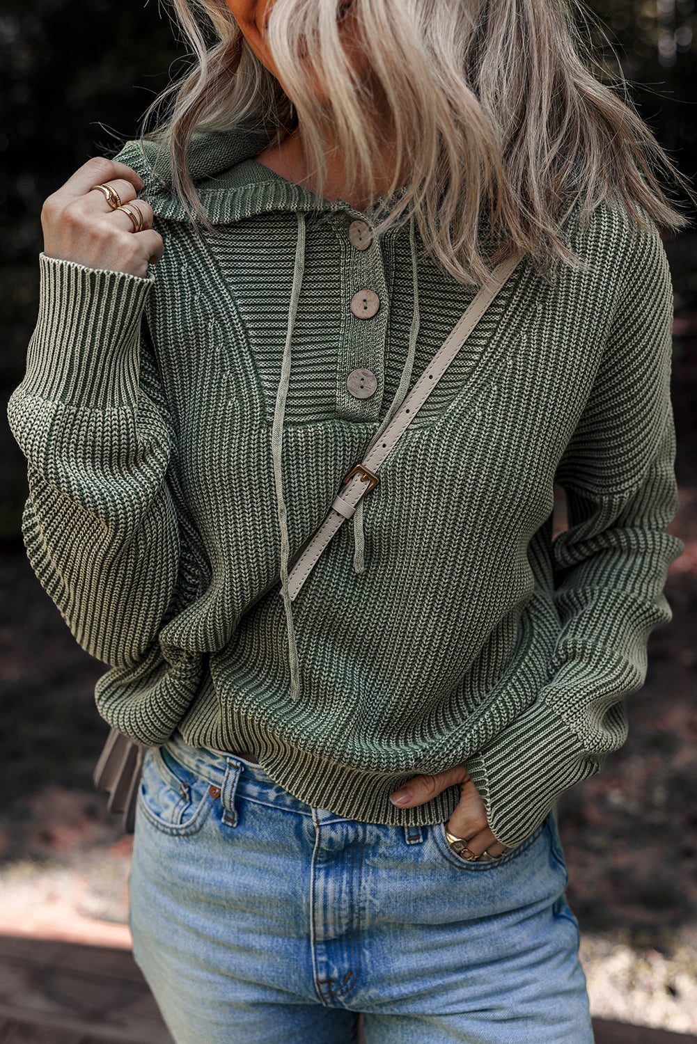 Mist Green Mineral Wash Ribbed Knit Button Drawstring Neck Hooded Sweater