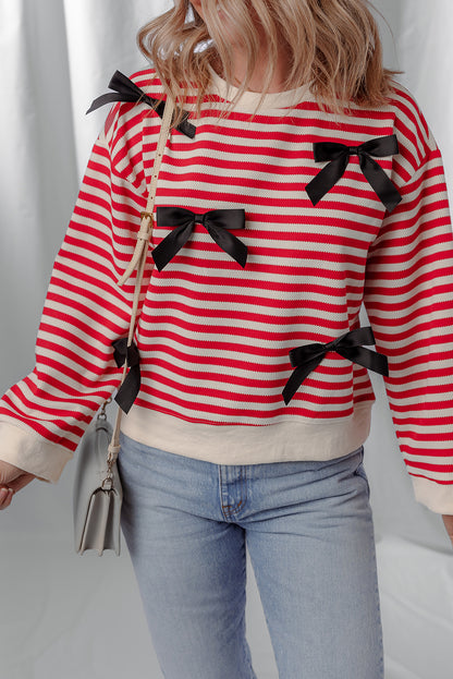Red Stripe Contrast Ribbon Bow Detail Casual Sweater