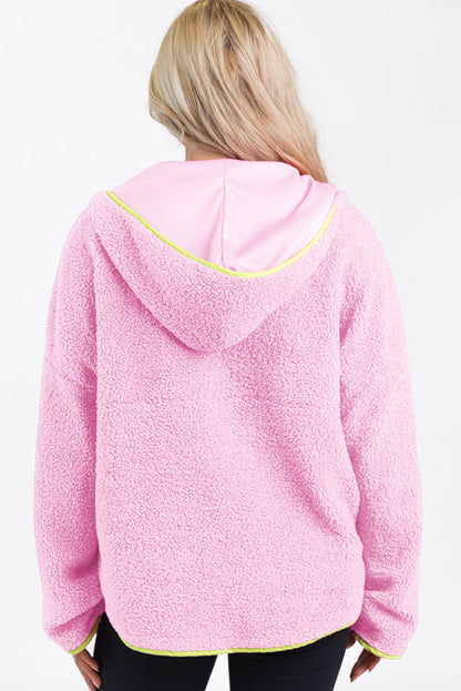 Rose Red Sherpa Half Zip Contrast Trim Pullover Hoodie