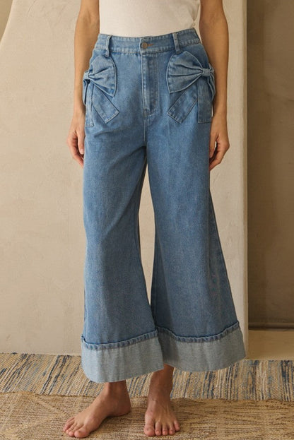 Myosotis Bow Detail Washed Denim Wide Leg Jeans