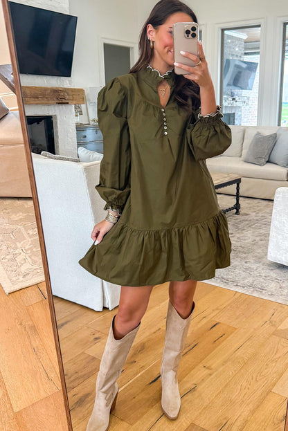 Jungle Green Ruffled Collar Buttoned Placket Shift Mini Dress