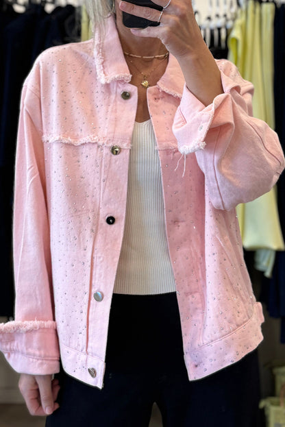Light Pink Rhinestone Decor Raw Edge Loose Denim Jacket