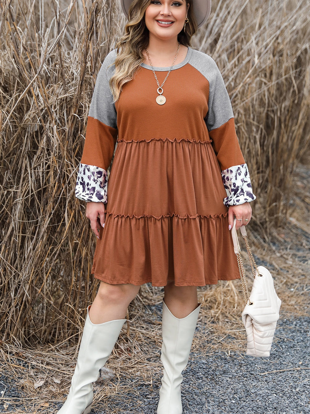 Gold Flame Plus Size Waffle Leopard Long Sleeve Ruffle Mini Dress