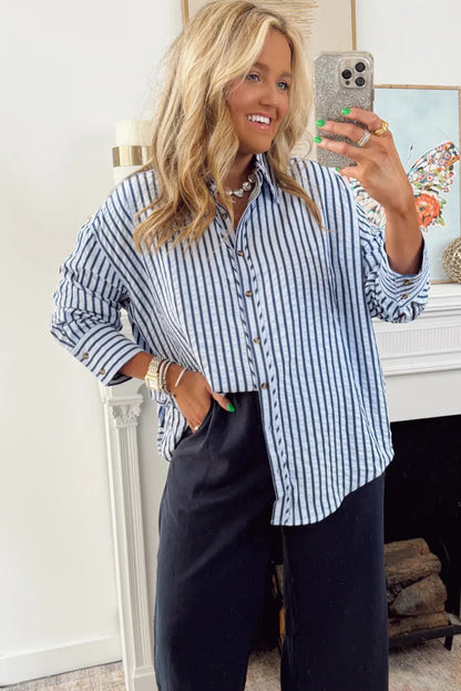 Blue Stripe Textured Hi Low Rounded Hem Casual Shirt with Slits