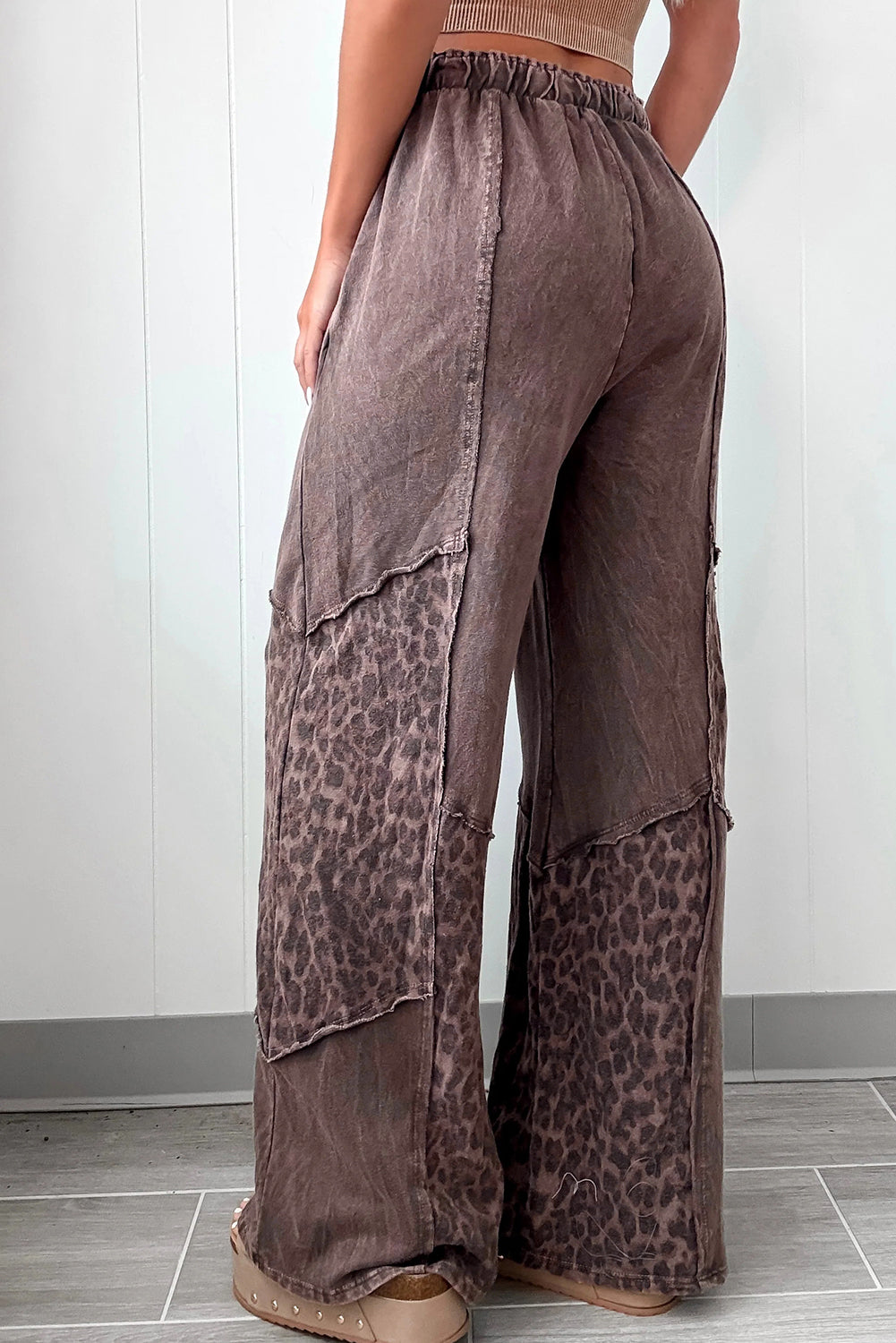 Coffee Mineral Wash Leopard Patchwork Loose Pants