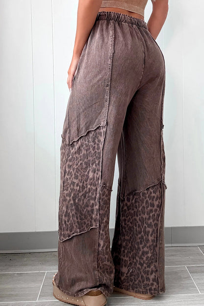 Coffee Mineral Wash Leopard Patchwork Loose Pants