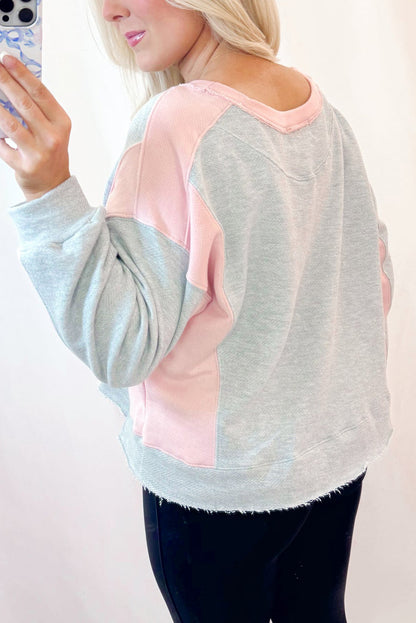 Light Grey Colorblock Raw Edge Casual Sweatshirt