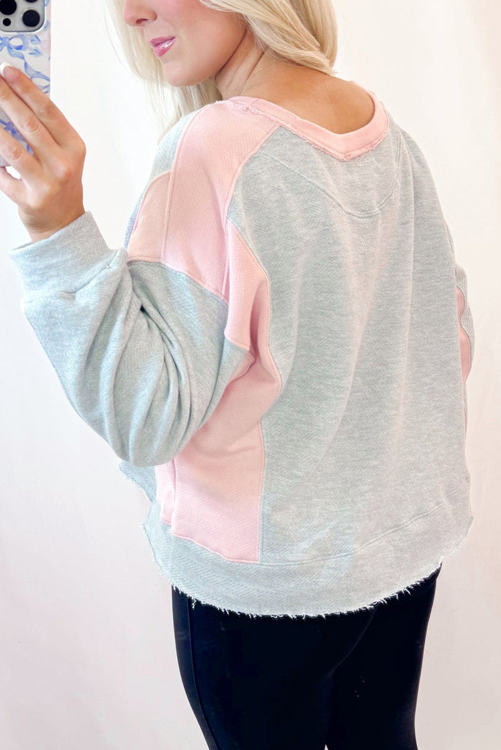 Light Grey Colorblock Raw Edge Casual Sweatshirt