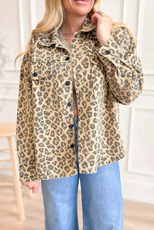 Khaki Leopard Print Collared Button Flap Pocket Womens Shacket