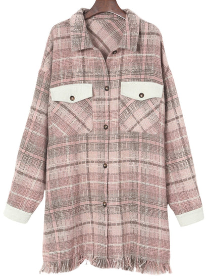 Pink Plus Size Macrame Plaid Coat