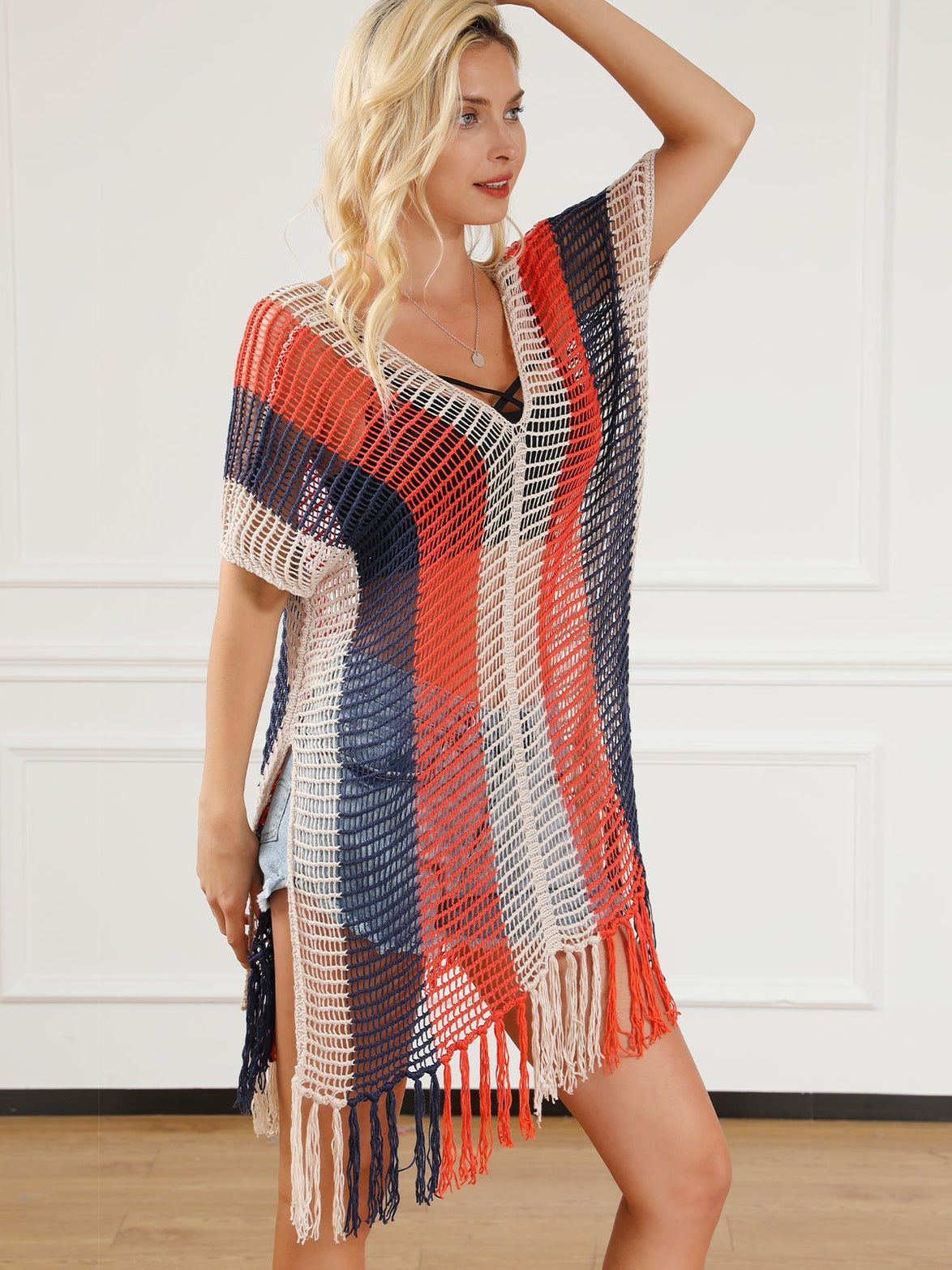 Beach Ready Striped Crochet Tassel Cover Up Dress