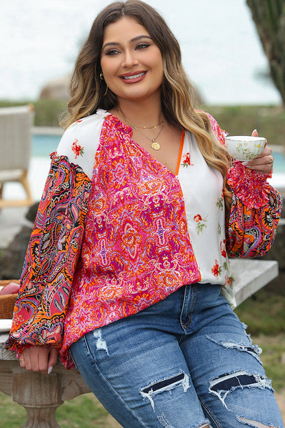 Pink Floral Print V-Neck Button-Up Blouse with Shirred Cuffs