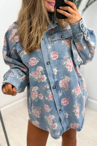 Sky Blue Floral Pattern Flap Pockets Loose Denim Shacket