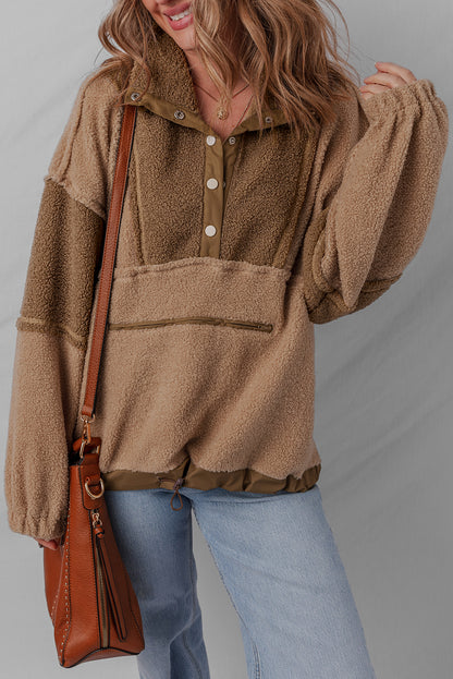 Straw Yellow 2-tone Color Block Patchwork Half Button Sherpa Sweatshirt