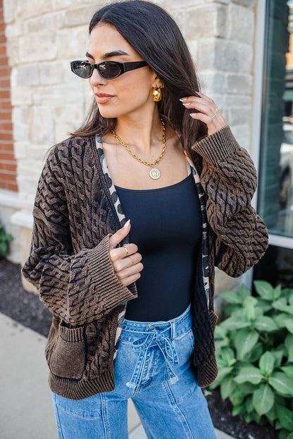 Chicory Coffee Mineral Wash Cable Knit Leopard Trim Open Front Sweater Cardigan